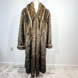 dennis basso Vintage-Inspired Brown Faux Fur Full-Length Trench Coat